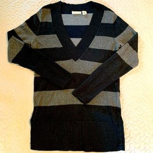 DKNY striped long deep v-neck sweater